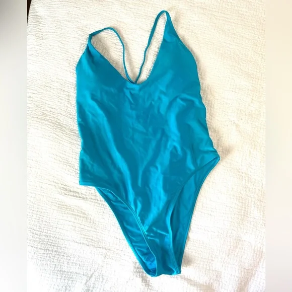 Electric blue Topshop one piece swimsuit; Size 8 (Fits like M/L). High leg - Picture 1 of 4